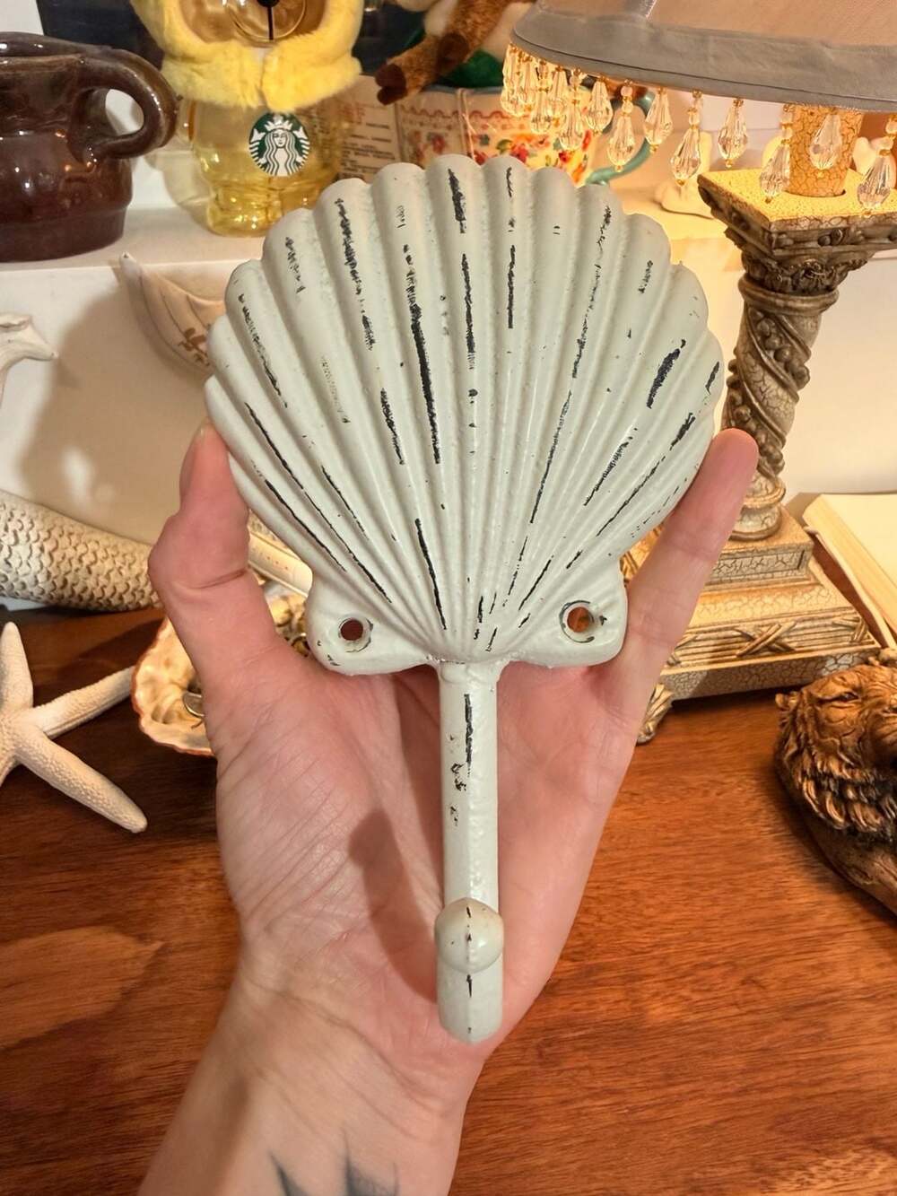 Vintage Cast Iron Seashell Wall Hook Distressed White Coastal Towel Hanger